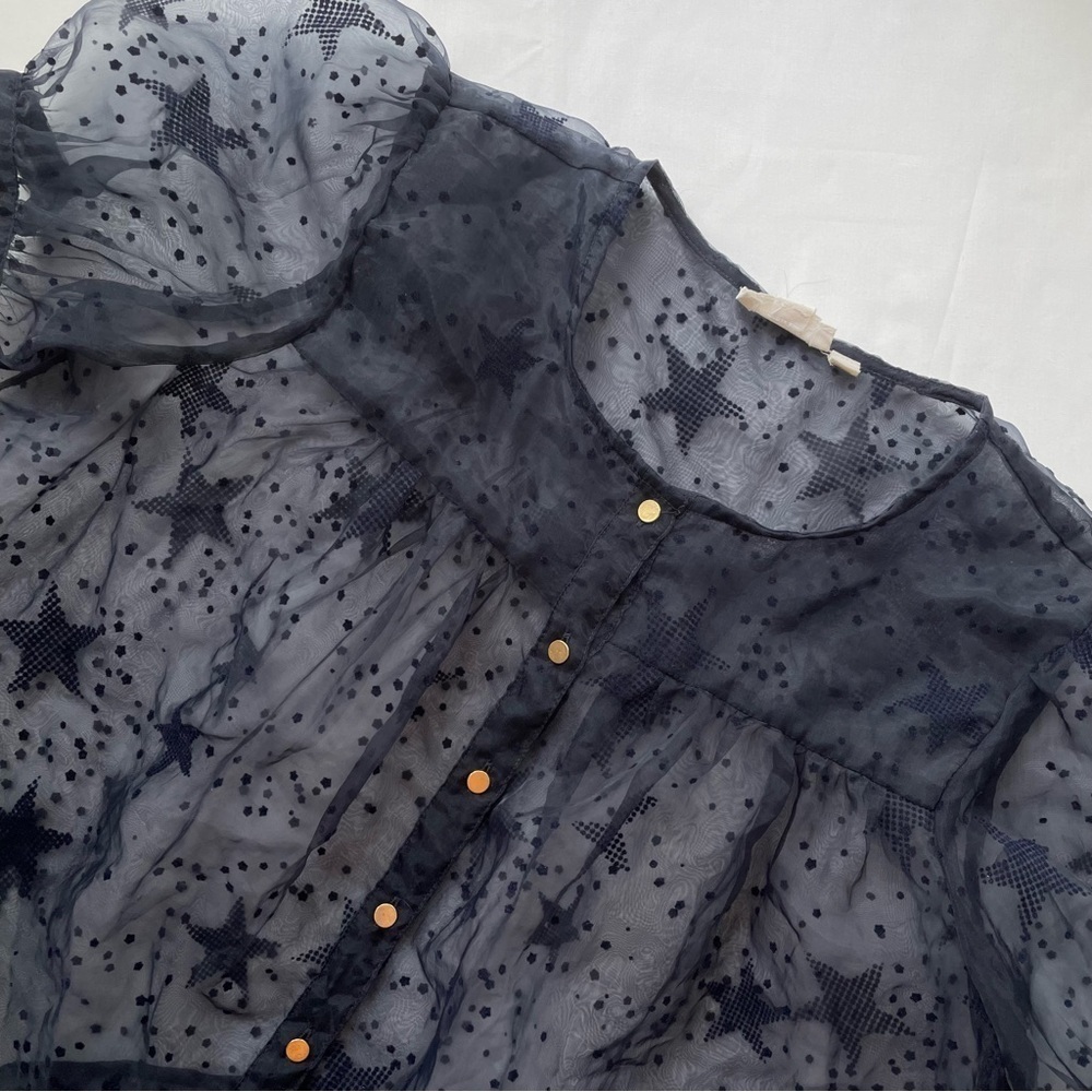 Anthropologie Let Me Be Sheer Star Blouse Navy Blue XXS